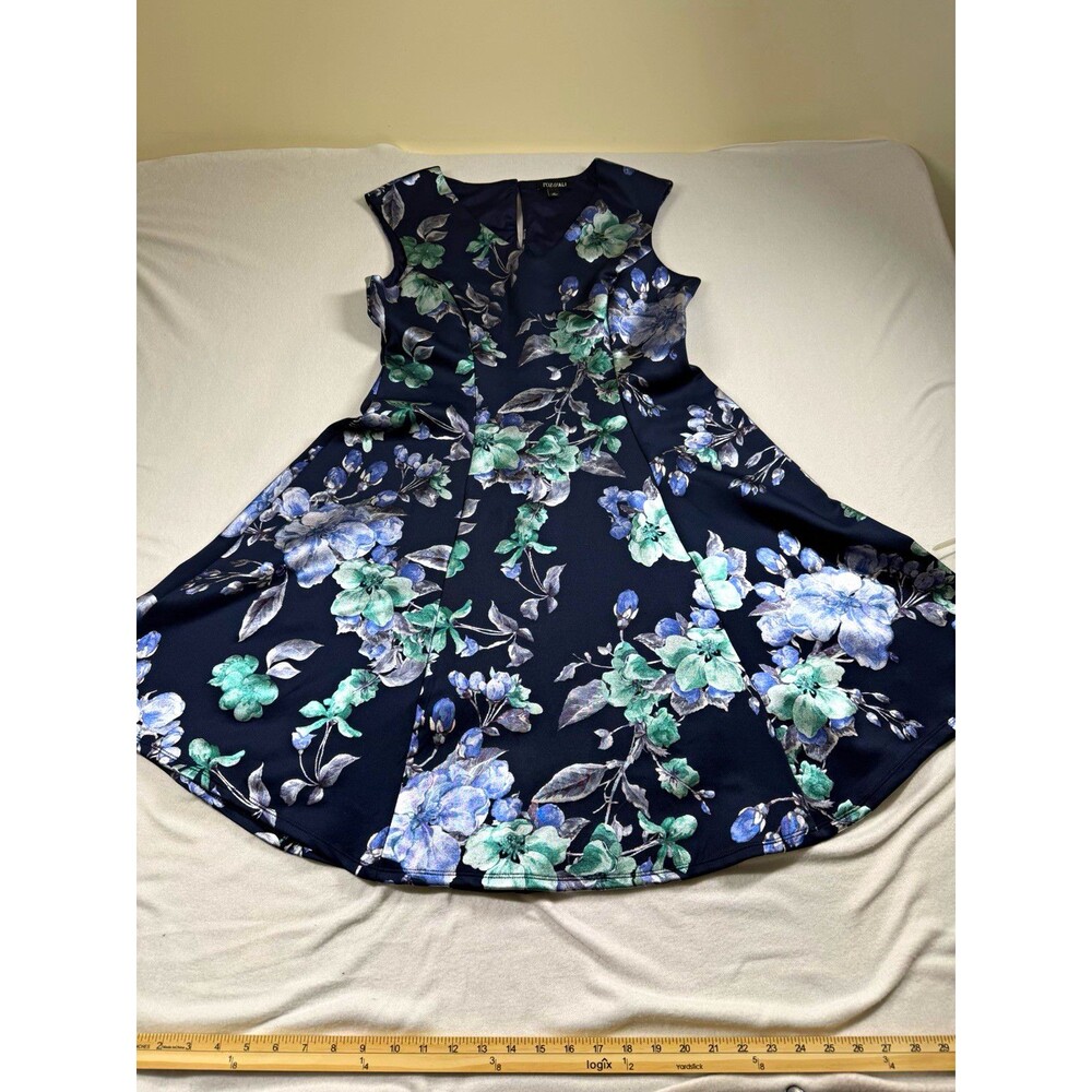 Roz & Ali Womens Swing Dress 12 Navy Blue Green Floral V Neck Sleeveless Zip 518
